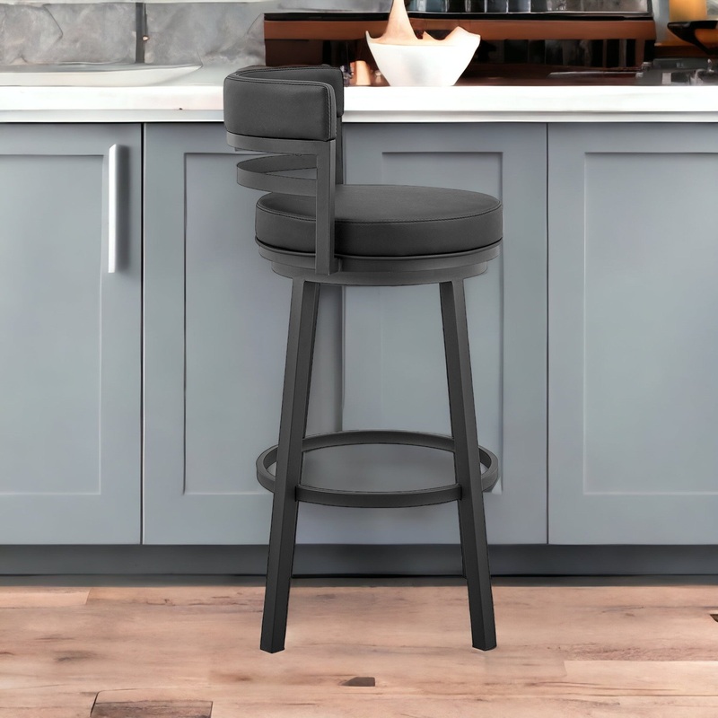 30" Black Faux Leather And Iron Swivel Low Back Bar Height Bar Chair With Footrest By Homeroots
