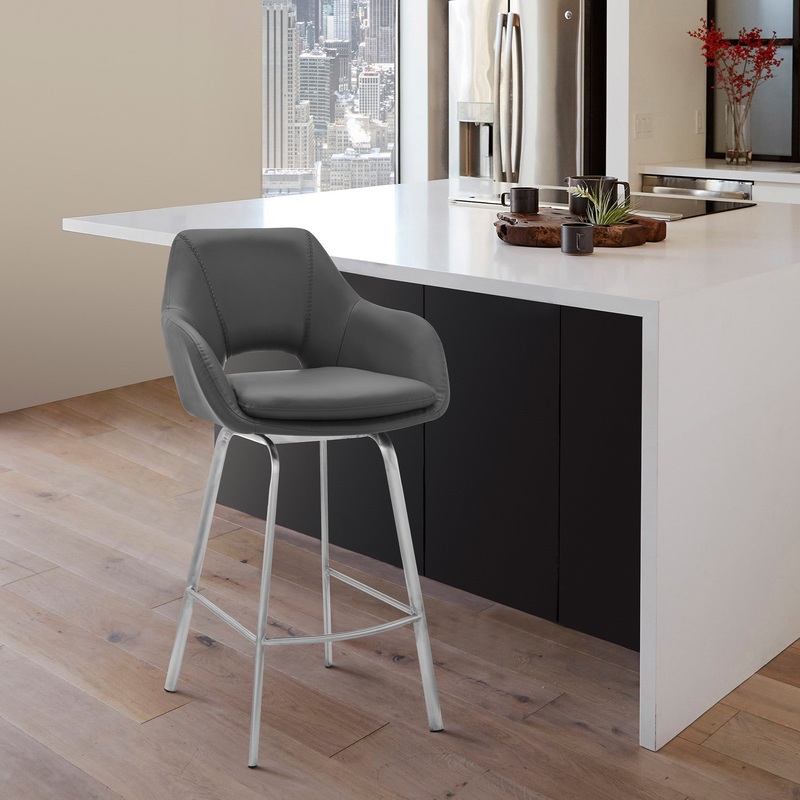30" Gray on Stainless Faux Leather Comfy Swivel Bar Stool By Homeroots