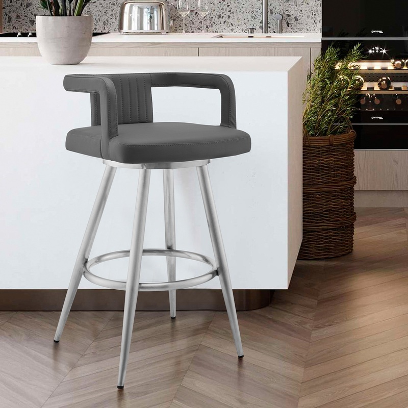 33" Gray Faux Leather And Iron Swivel Low Back Counter Height Bar Chair By Homeroots