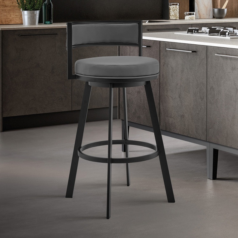 34" Gray And Black Faux Leather And Iron Swivel Low Back Counter Height Bar Chair With Footrest By Homeroots