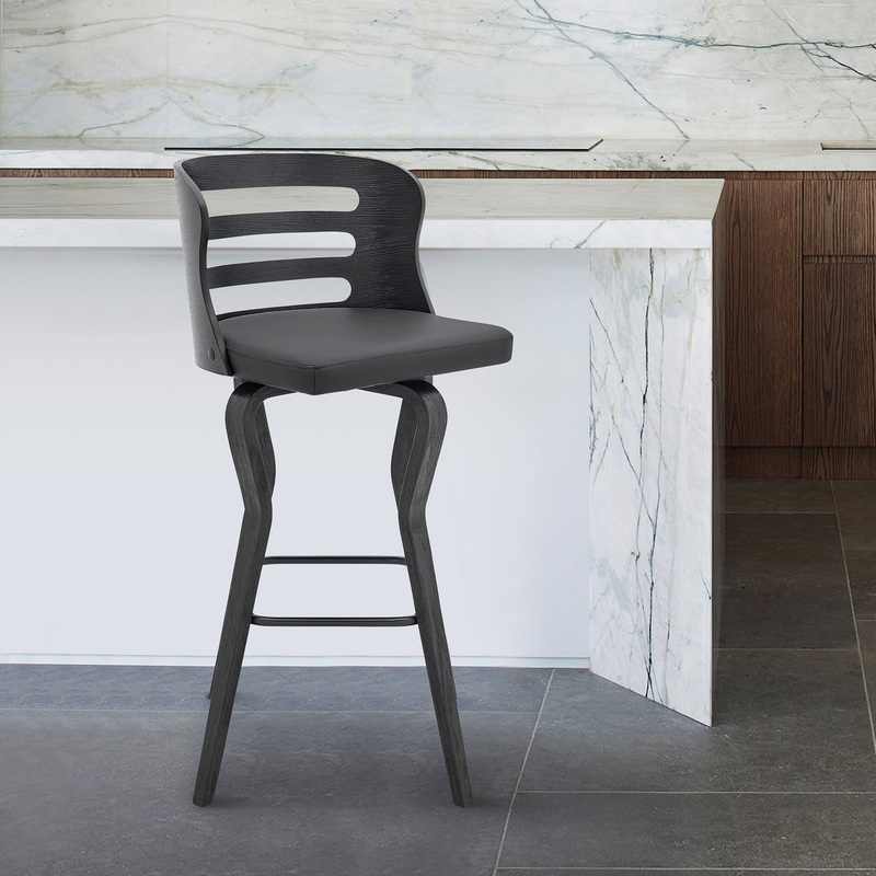 35" Gray Faux Leather And Iron Swivel Counter Height Bar Chair By Homeroots