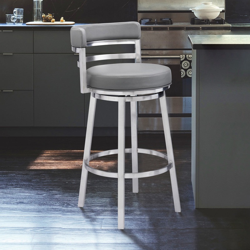 35" Gray Faux Leather And Iron Swivel Low Back Counter Height Bar Chair By Homeroots