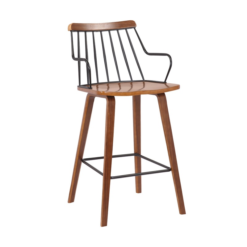 38" Brown Walnut and Metal Counter Height Bar Chair By Homeroots