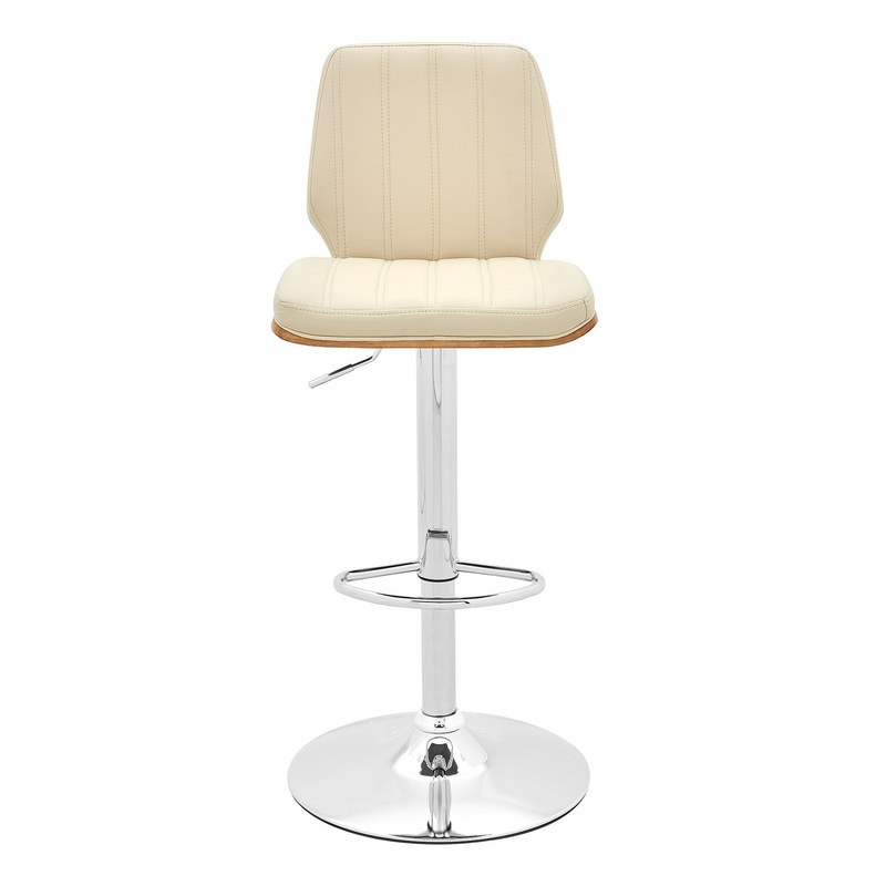 44" Cream And Walnut Faux Leather And Steel Swivel Adjustable Height Bar Chair By Homeroots