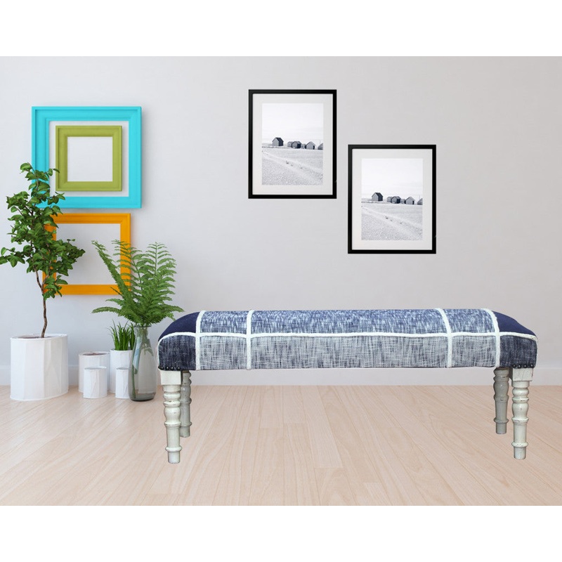 47" Blue And Gray Textural White Leg Upholstered Bench By Homeroots