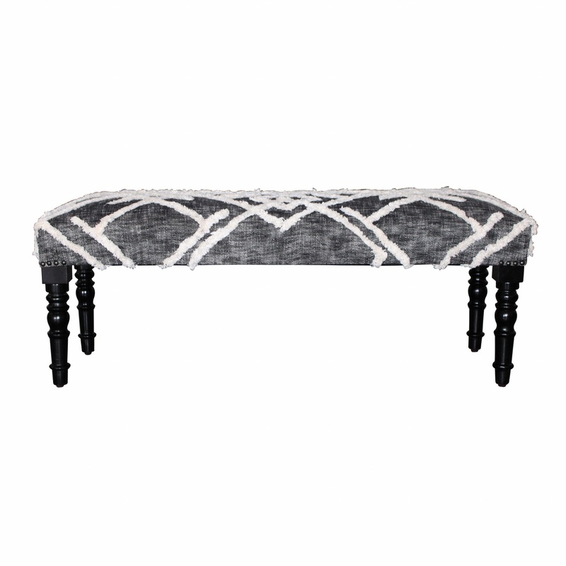 47" Gray And White Geometric Cotton Upholstered Distressed Bench By Homeroots