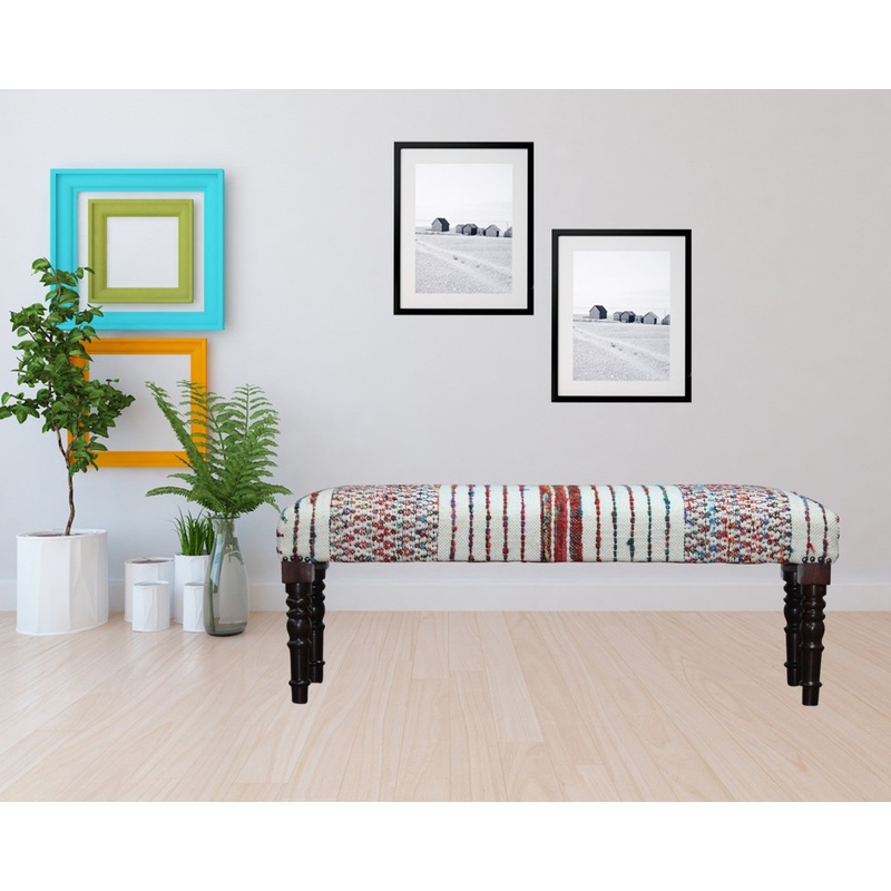 47" Ivory Red and Pink Black Leg Chevron Stripe Upholstered Bench By Homeroots