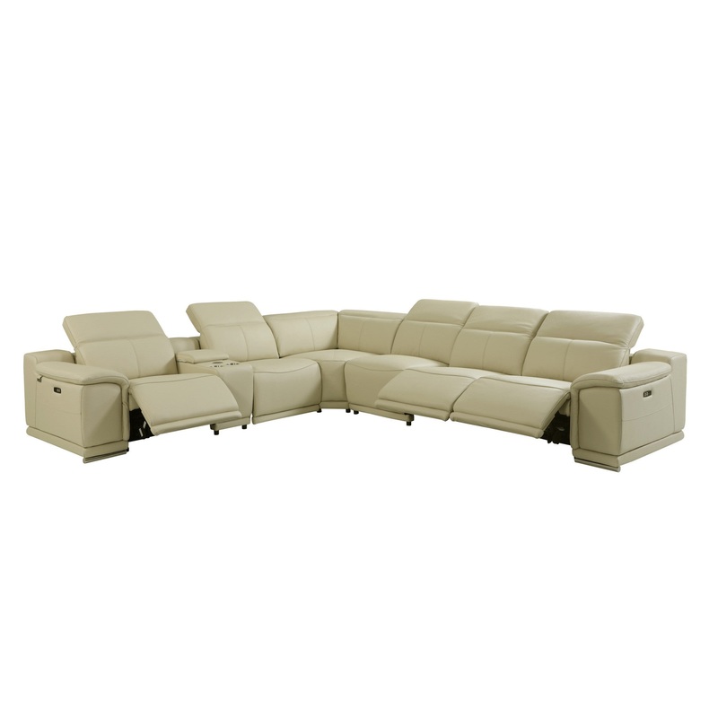 Beige Italian Leather Power Reclining L Shaped Seven Piece Corner Sectional With Console By Homeroots