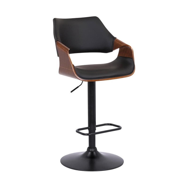 Black Faux Leather and Walnut Wood and Black Swivel Adjustable Bar Stool By Homeroots