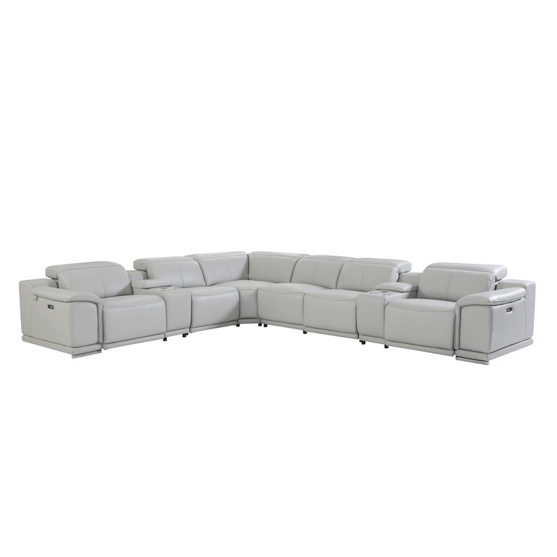 Light Gray Italian Leather Power Reclining L Shaped Eight Piece Corner Sectional With Console By Homeroots