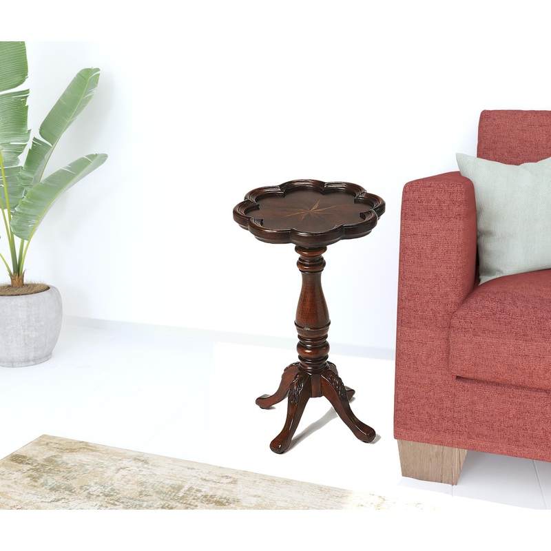 20" Dark Brown And Cherry Wood Floral Top End Table By Homeroots
