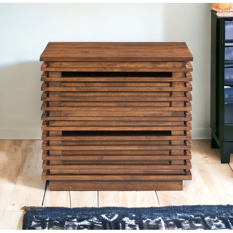 22" Walnut Solid Wood Modern Slat Design End Table with Drawers By Homeroots