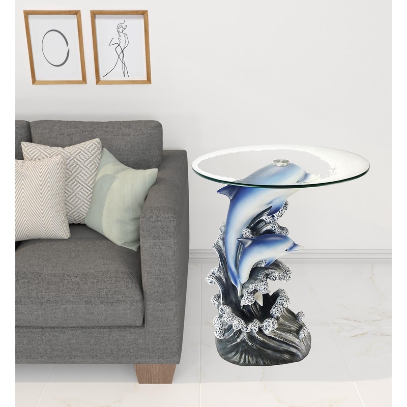 24" Blue And Clear Glass Polyresin Dolphins Round End Table By Homeroots