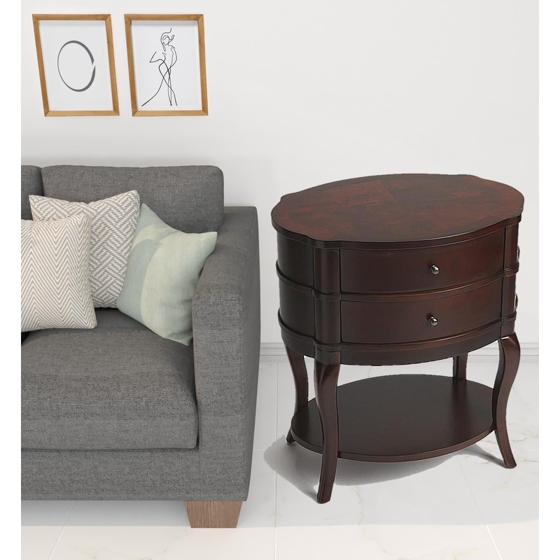 26" Dark Brown And Cherry Solid And Manufactured Wood Oval End Table With Two Drawers And Shelf By Homeroots