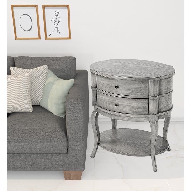 26" Gray Wood Oval End Table With Two Drawers And Shelf By Homeroots