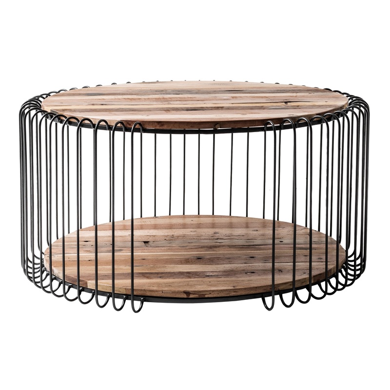 32" Black and Natural Reclaimed Wood and Iron Round Coffee Table By Homeroots