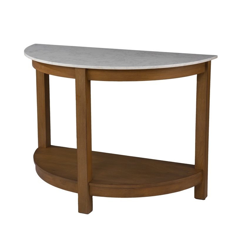 42" White and Natural Faux Marble Half Circle Three Leg Console Table With Storage By Homeroots