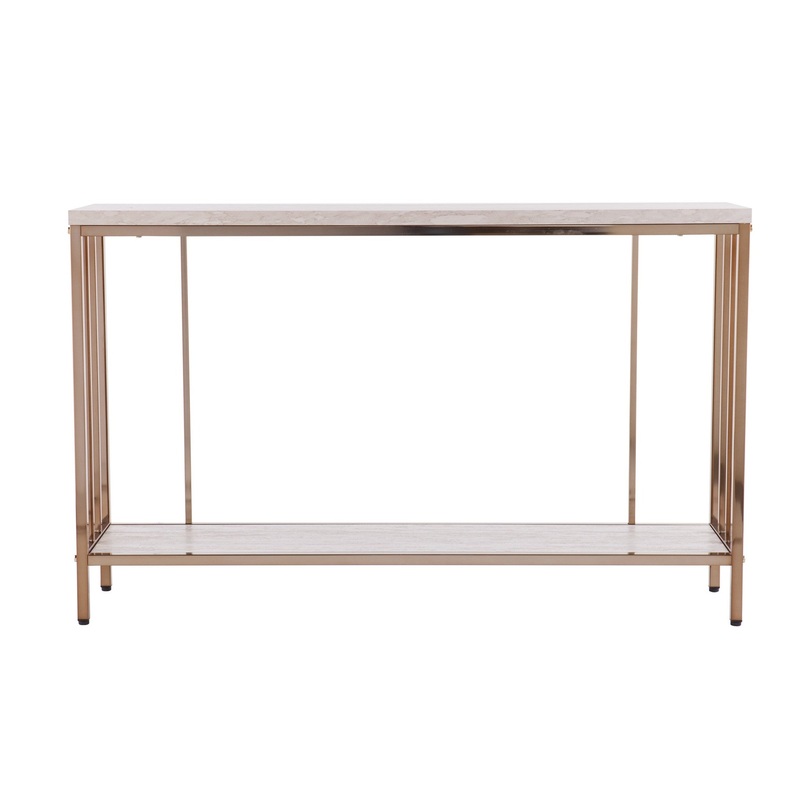 48" Champagne and Gold Faux Stone Floor Shelf Console Table With Storage By Homeroots