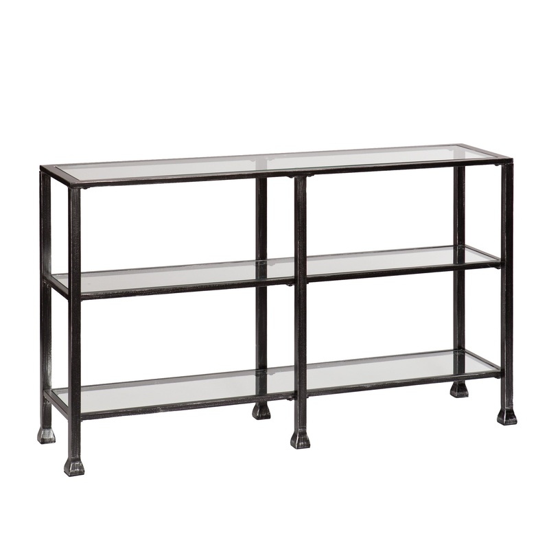 49" Clear and Black Glass Distressed Floor Shelf Console Table With Storage By Homeroots