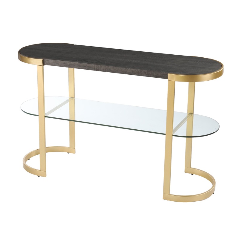 49" Gray and Gold Solid Wood Oval Sled Console Table With Storage By Homeroots