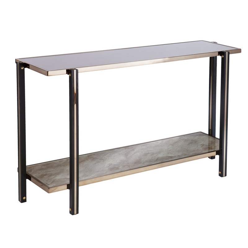 50" Smoky Black and Champagne Glass Mirrored Floor Shelf Console Table With Storage By Homeroots