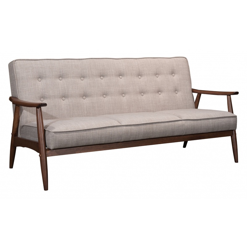 69" Taupe Beige Tufted Fabric And Brown Solid Wood Sofa By Homeroots