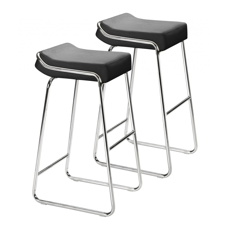 Set Of Two 33" Black Faux Leather And Chrome Backless Bar Height Chairs By Homeroots