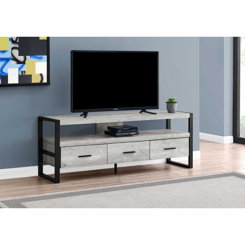 21.75" Grey Particle Board Hollow Core & Black Metal TV Stand With 3 Drawers By Homeroots