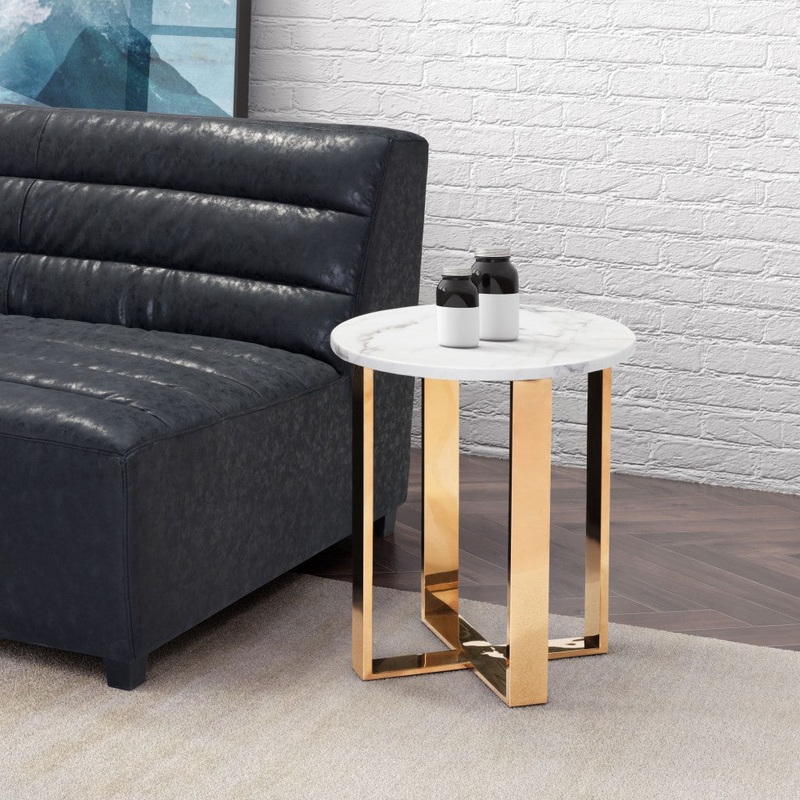 21" Gold And White Stone Round End Table By Homeroots