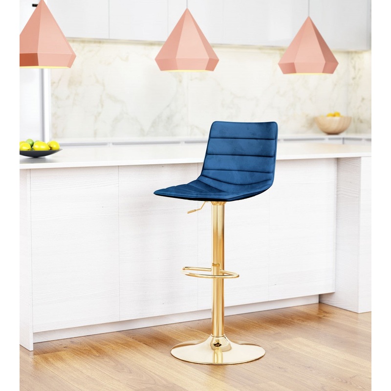 35" Dark Blue And Gold Steel Low Back Counter Height Bar Chair With Footrest By Homeroots