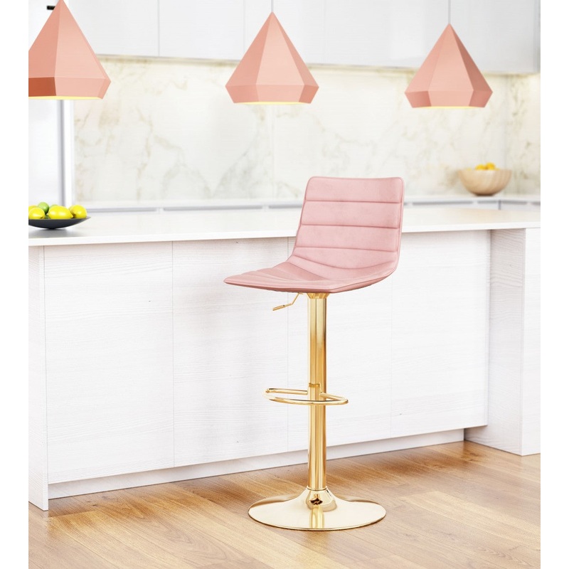 35" Pink And Gold Steel Swivel Low Back Counter Height Bar Chair With Footrest By Homeroots