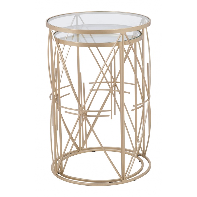 Set of Two Geometric Gold and Glass Side Tables By Homeroots