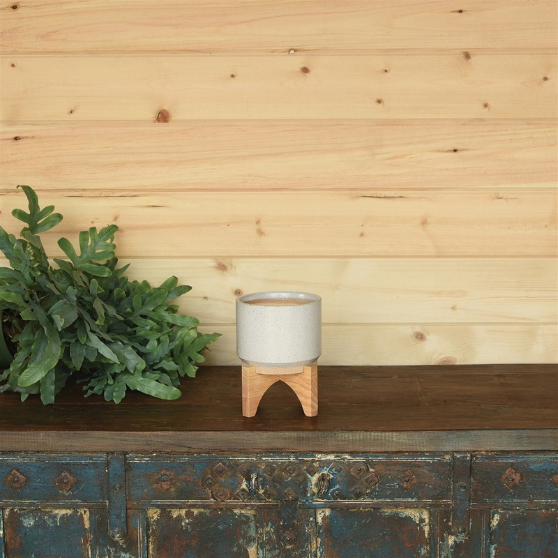 Ames Cachepot, Ceramic with Wood - Small - White, Natural Set Of 3 By HomArt