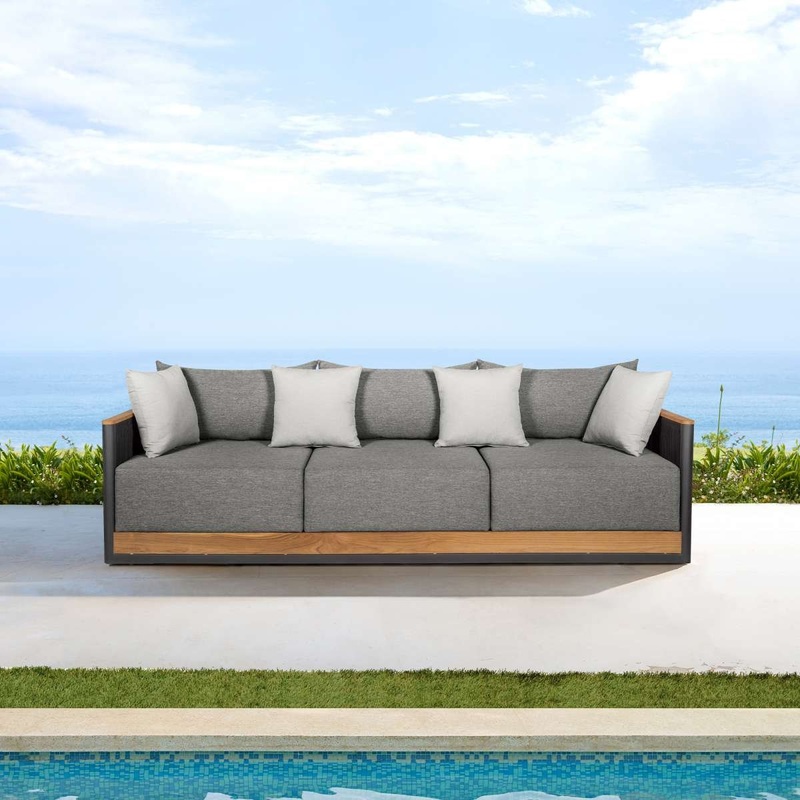 Artesia Outdoor Patio Sofa in Teak Wood and Black Rope with Dark Gray Olefin Cushions By Armen Living