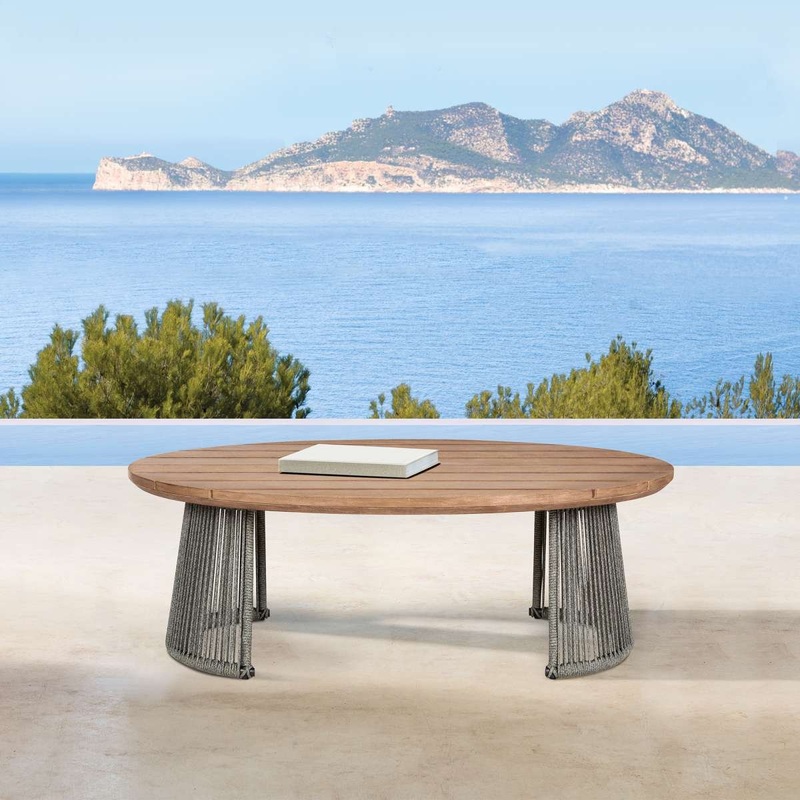 Benicia Outdoor Patio Oval Coffee Table in Weathered Eucalyptus Wood and Gray Rope By Armen Living
