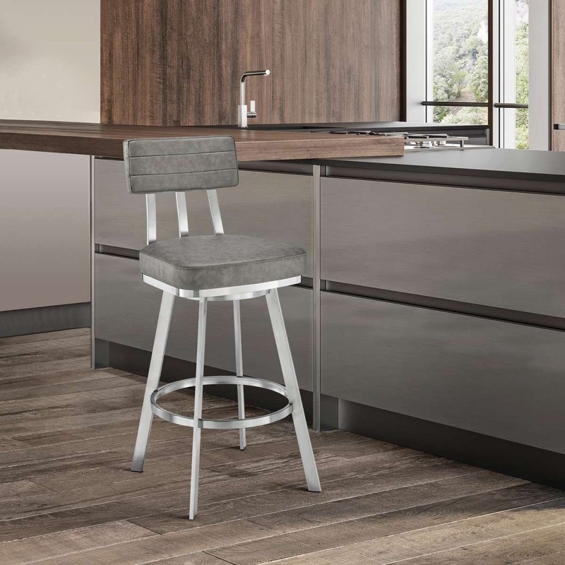 Benjamin 26" Swivel Counter Stool in Brushed Stainless Steel with Gray Faux Leather By Armen Living