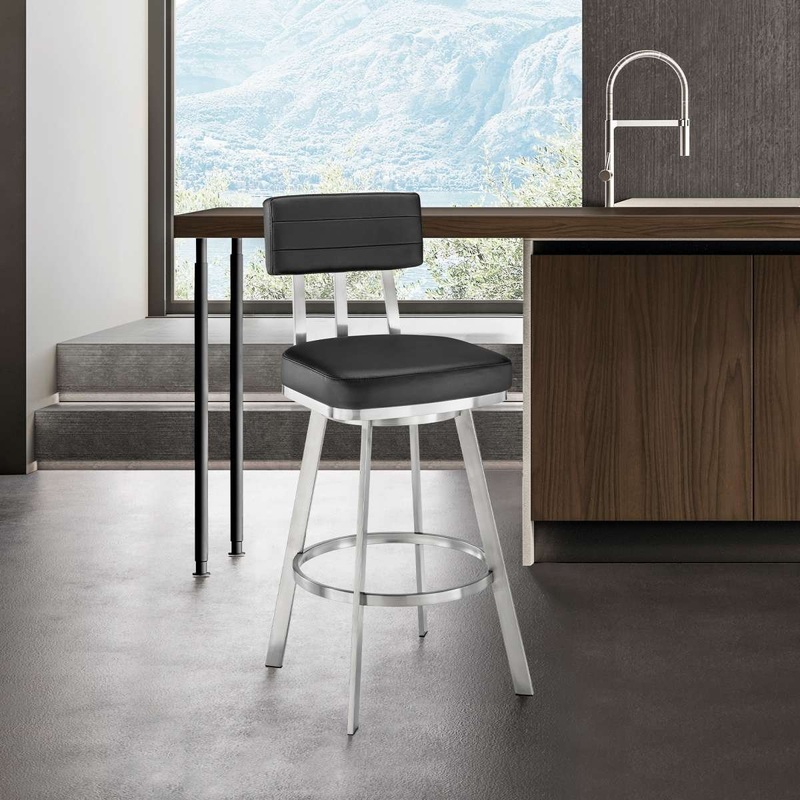 Benjamin 30" Swivel Bar Stool in Brushed Stainless Steel with Black Faux Leather By Armen Living