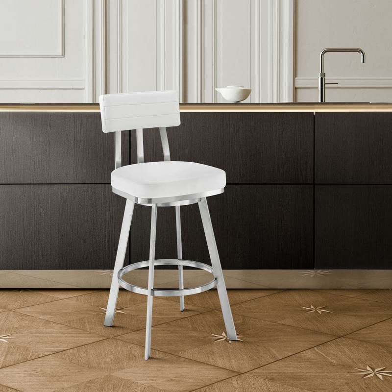 Benjamin 30" Swivel Bar Stool in Brushed Stainless Steel with White Faux Leather By Armen Living