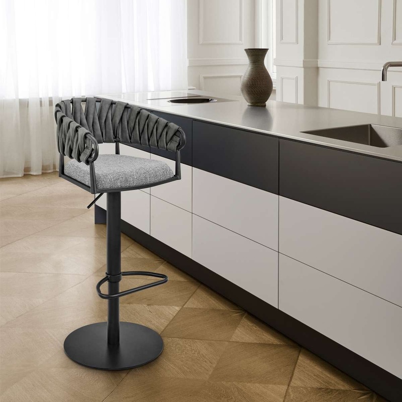 Blaise Adjustable Swivel Counter or Bar Stool in Black Metal with Gray Fabric and Faux Leather By Armen Living