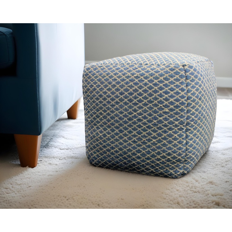 Blue and Beige Wool Cube Trellis Pouf Ottoman By Homeroots