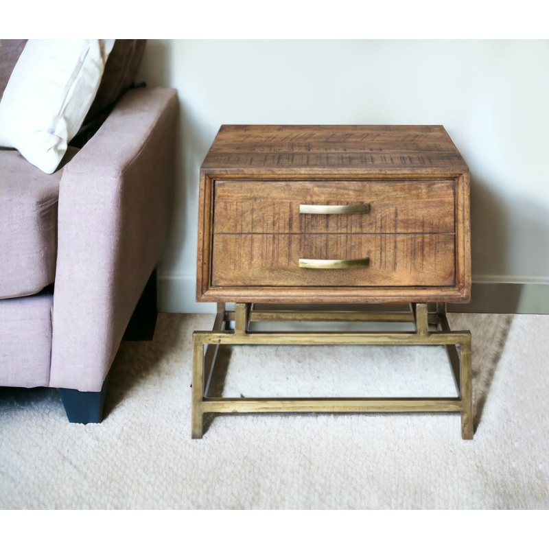 Brass And Brown Solid Wood And Iron Square End Table With Drawer By Homeroots