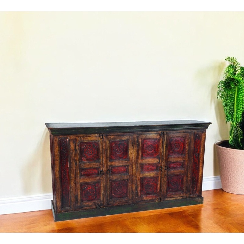 Brown and Black Solid Wood Buffet Table with Four Doors By Homeroots