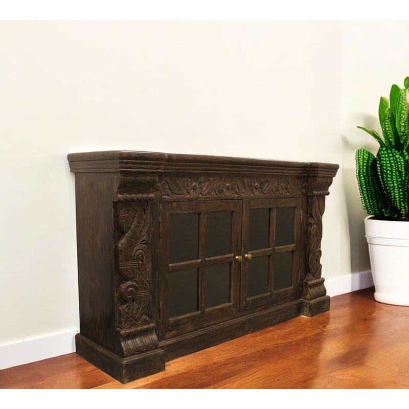 Brown Solid Wood Sideboard with Two Glass Doors By Homeroots