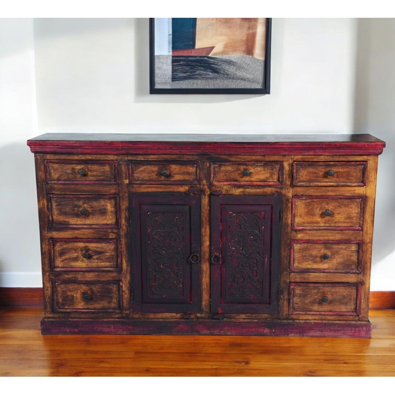 Brown Solid Wood Ten Drawer Buffet Table with Two Doors By Homeroots