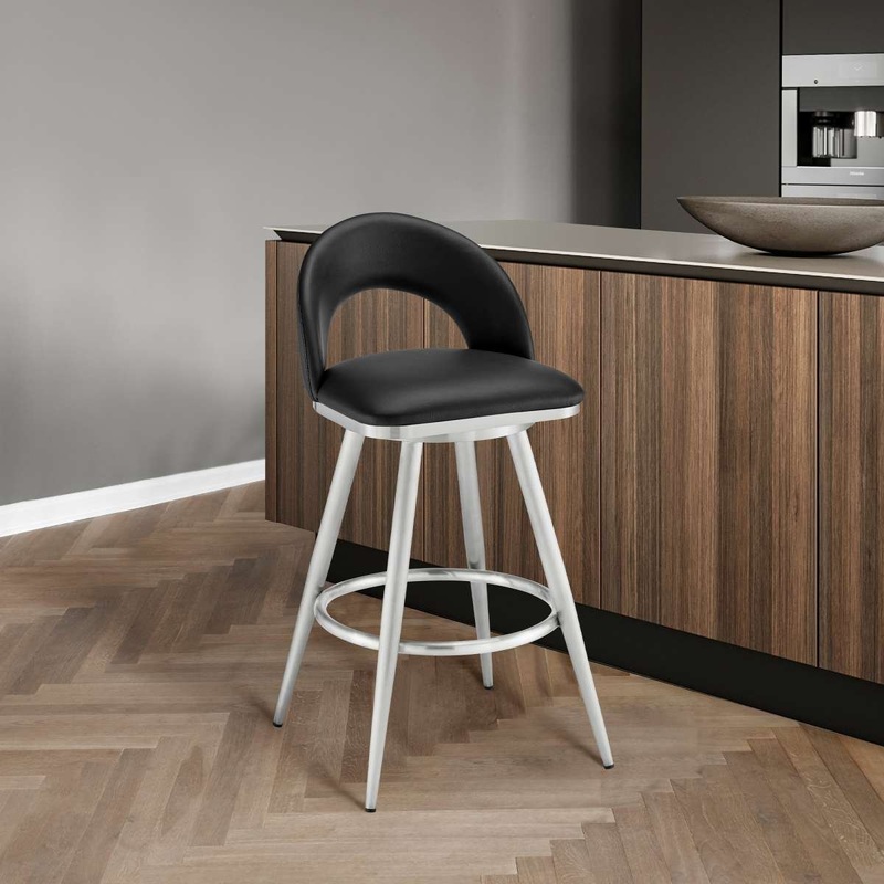 Charlotte 26" Swivel Counter Stool in Brushed Stainless Steel and Black Faux Leather By Armen Living
