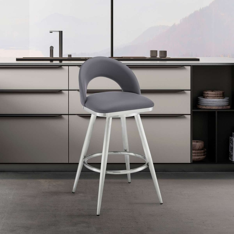 Charlotte 26" Swivel Counter Stool in Brushed Stainless Steel and Gray Faux Leather By Armen Living