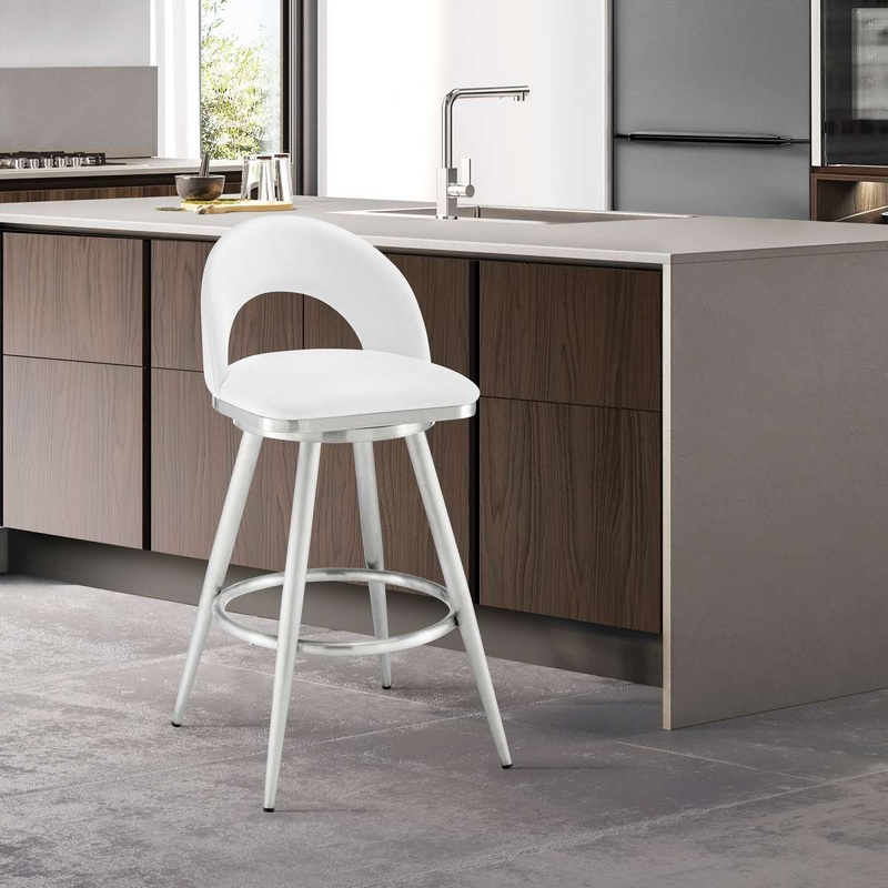 Charlotte 26" Swivel Counter Stool in Brushed Stainless Steel with White Faux Leather By Armen Living