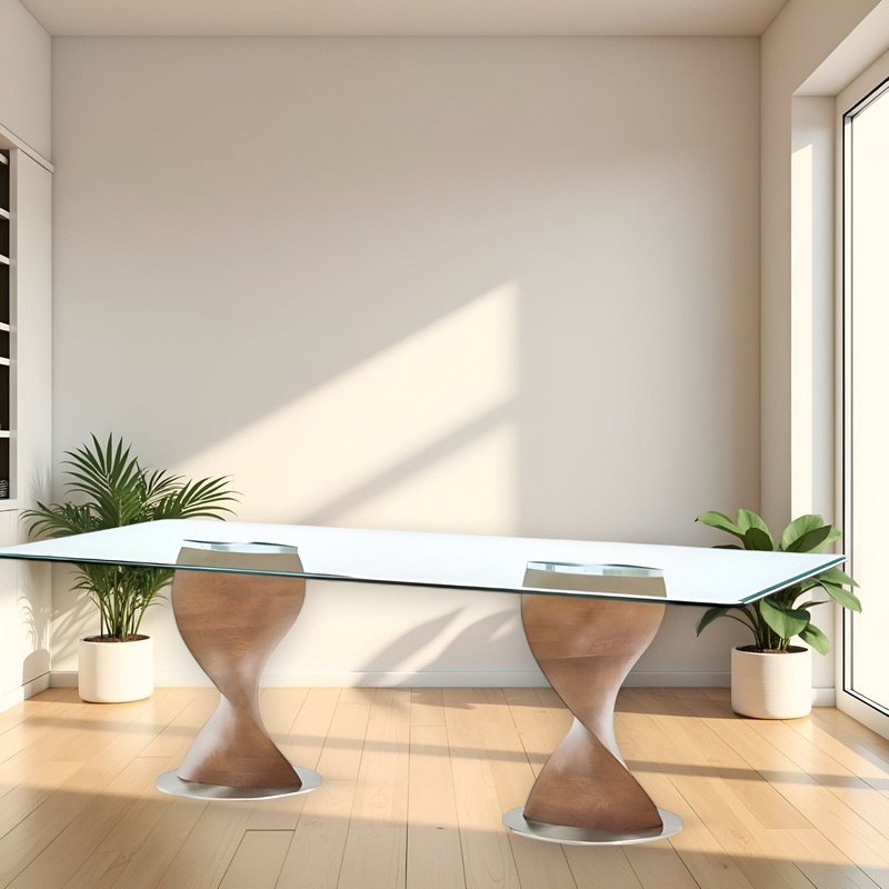 Clear And Brown Glass And Solid Wood Double Pedestal Base Dining Table By Homeroots