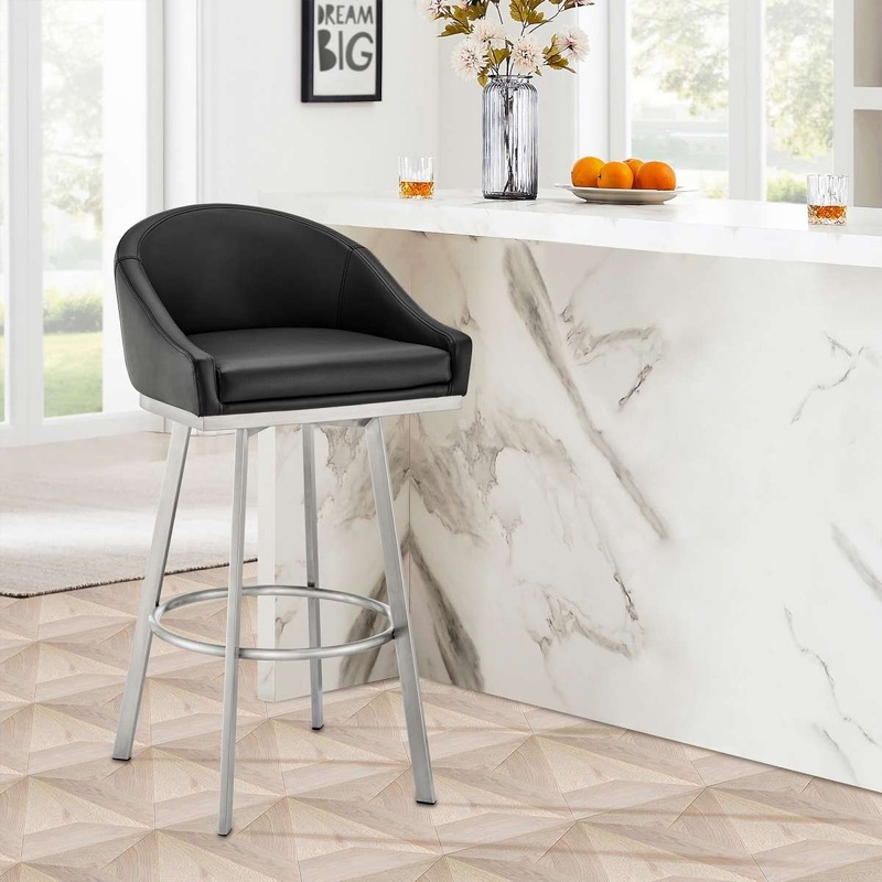 Eleanor 30" Swivel Bar Stool in Brushed Stainless Steel with Black Faux Leather By Armen Living