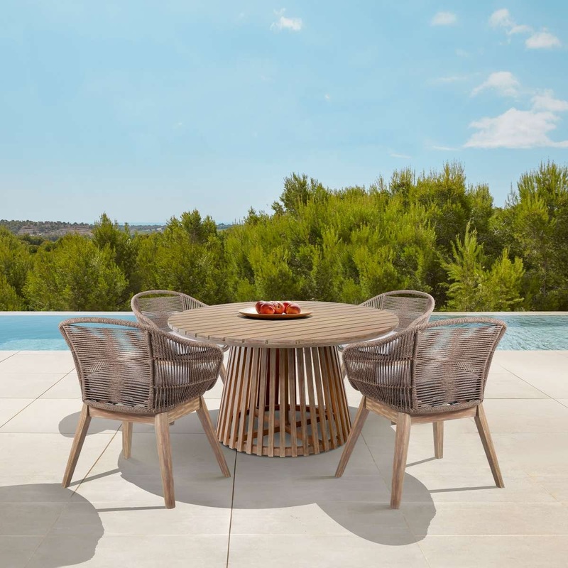 Escondido Tutti Frutti Outdoor Patio 5 Piece Round Dining Set in Eucalyptus Wood with Truffle Rope and Gray Cushions By Armen Living